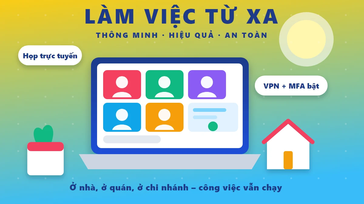 Bàn làm việc nắng với cuộc họp trực tuyến, ngôi nhà và VPN MFA đã bật