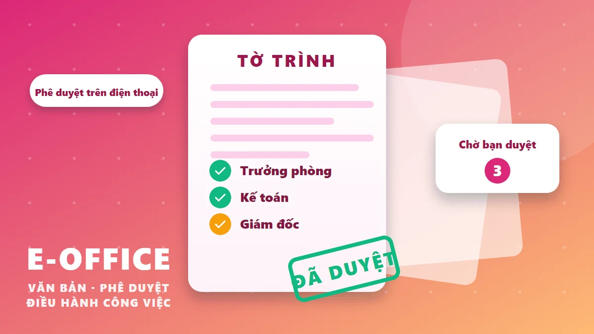 Tờ trình có dấu Đã duyệt, hộp Chờ bạn duyệt và phê duyệt trên điện thoại